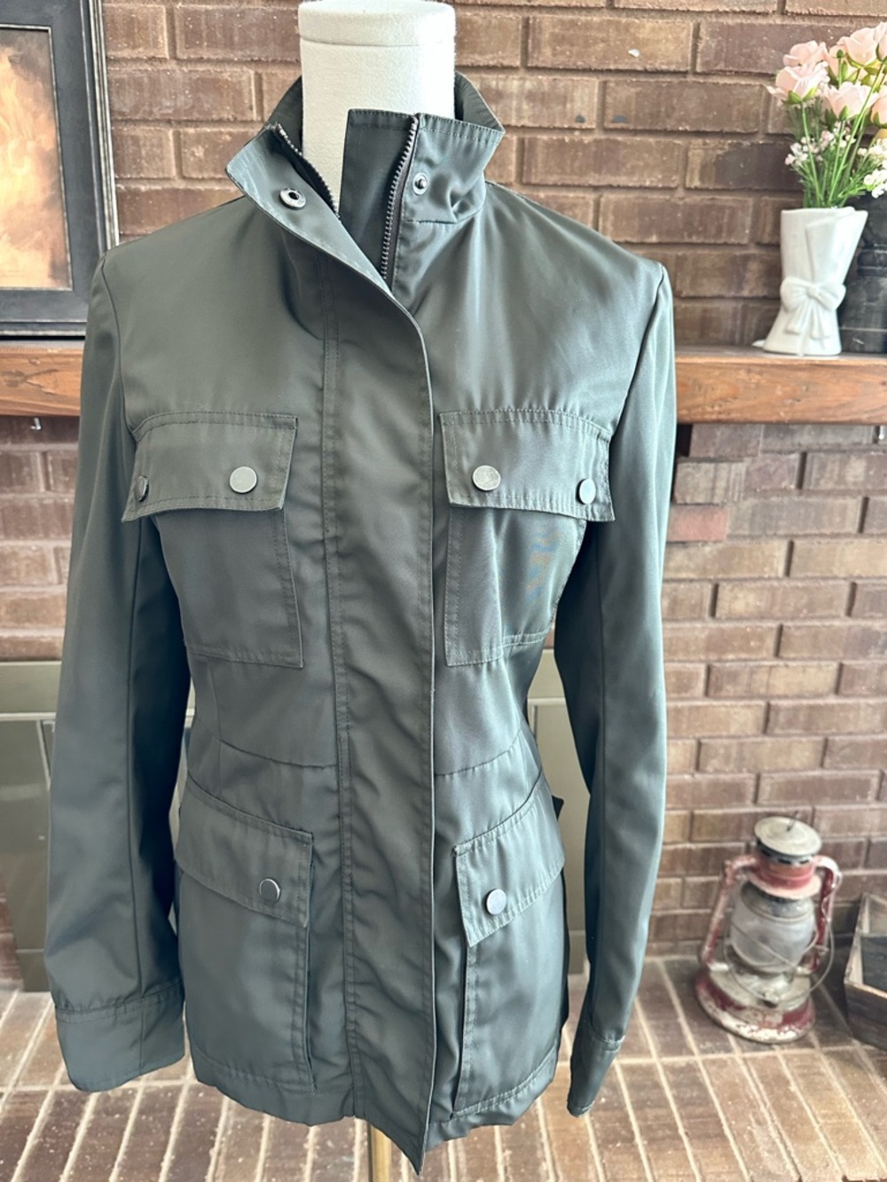 Theory Petite Olive Green Utility Field Jacket Snap Pocket Anorak Coat P